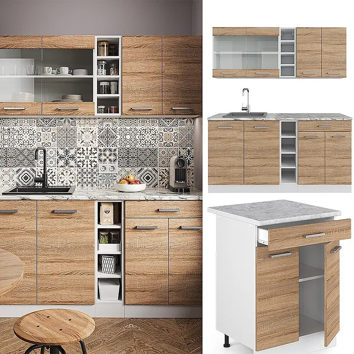 Vicco Singleküche R-Line Sonoma/Weiß ohne Arbeitsplatte - Sonoma, Ohne AP - Modulare Küchenschränke mit heller Holzmaserung, weißen Elementen, Arbeitsplatte in Marmoroptik und Spüle.