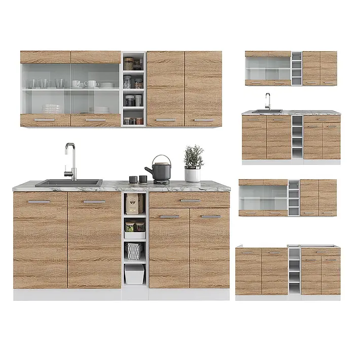 Vicco Singleküche R-Line Sonoma/Weiß ohne Arbeitsplatte - Sonoma, Ohne AP - Moderne Küchenschrank-Set in heller Holzoptik, weißen Elementen, Marmor-Arbeitsplatte, Spüle und diversen Staufächern.