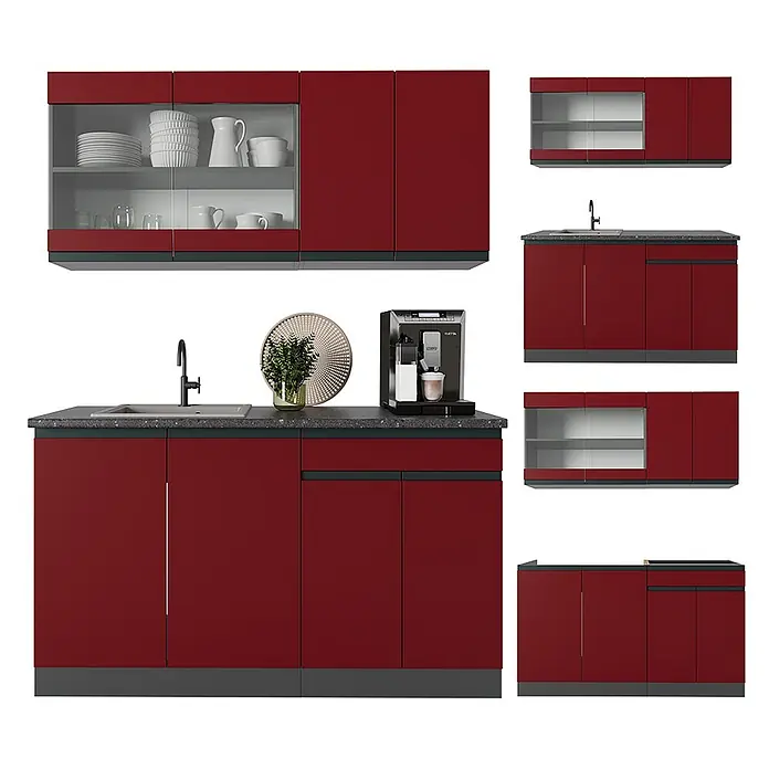 Vicco Singleküche R-Line Rot/Anthrazit J-Shape, AP Marmor - Rot, Mit AP Marmor - Modulares rotes Küchenschrankset mit dunkelgrauen Arbeitsplatten, inklusive Glasvitrinen und Spülbereich.