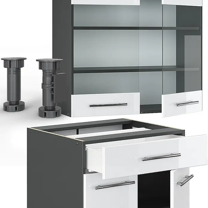 Vicco Singleküche Fame-Line Weiß Hochglanz/Anthrazit, AP Marmor - Weiß Hochglanz, Mit AP Marmor - Modulare Küchenschränke in Dunkelgrau und Weiß mit Glastüren, Schubladen und verstellbaren Füßen.