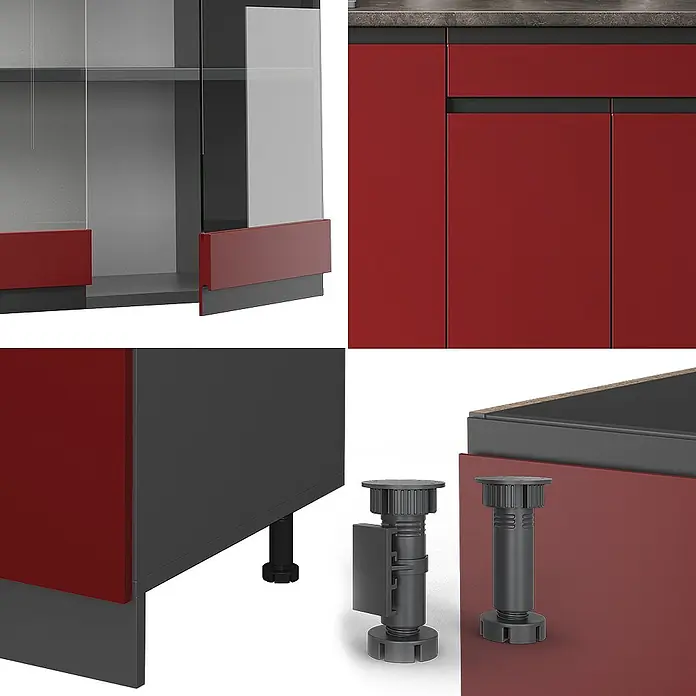 Vicco Singleküche R-Line Rot/Anthrazit J-Shape, AP Marmor - Rot, Mit AP Marmor - Rote Küchenschrankelemente mit dunkelgrauen Korpen, Glastüren, schwarzen Griffen und verstellbaren schwarzen Kunststofffüßen.