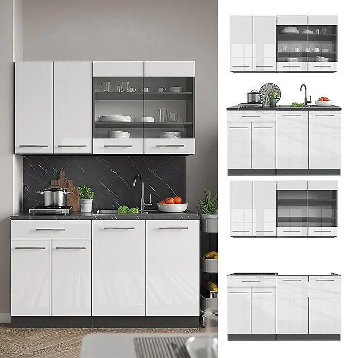 Vicco Singleküche Fame-Line Weiß Hochglanz/Anthrazit, AP Marmor - Weiß Hochglanz, Mit AP Marmor - Weißes modulares Küchenset mit dunkler Arbeitsplatte & Rückwand. Mit Oberschränken (teilweise Glasfront) & Unterschränken.