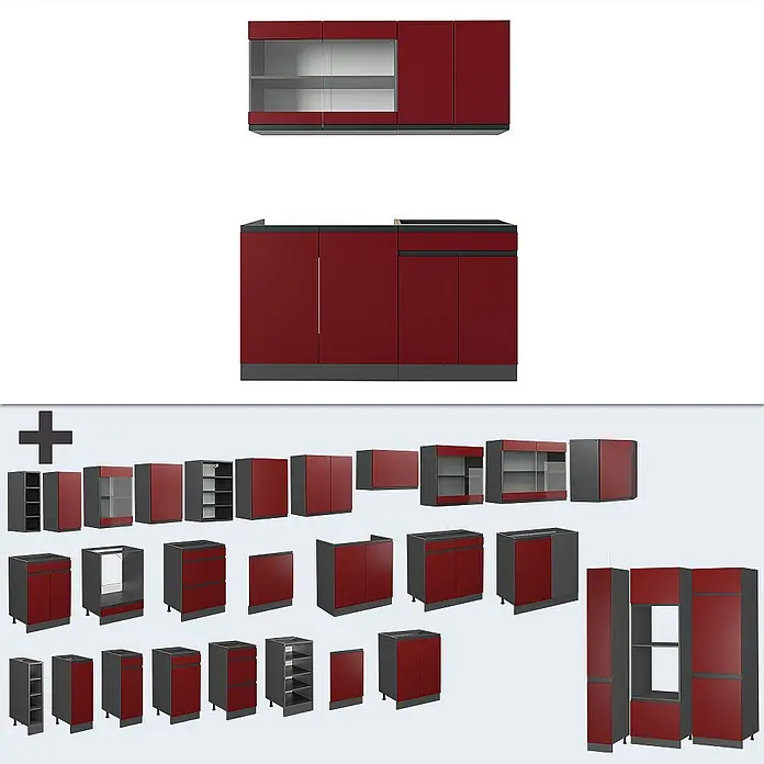 Vicco Singleküche R-Line Rot/Anthrazit J-Shape, AP Marmor - Rot, Mit AP Marmor - Modulare rot-graue Küchenschränke in verschiedenen Konfigurationen, einschließlich Ober-, Unter- und Hochschränken.