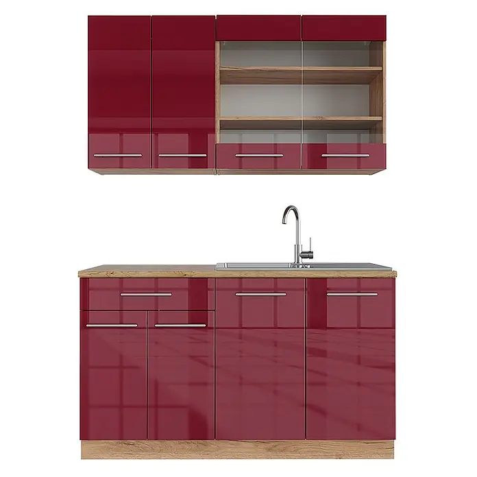 Vicco Singleküche Fame-Line Bordeaux Hochglanz/Goldkraft Eiche ohne Arbeitsplatte - Bordeaux Hochglanz, Ohne AP - Glänzende rote Küchenschrank-Garnitur mit hellen Holzdetails, bestehend aus Oberschränken, Unterschränken mit Spüle und offenen Regalen.