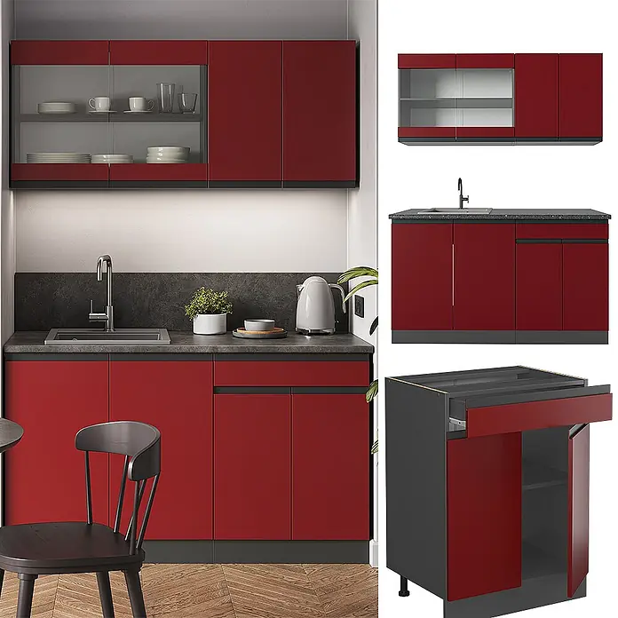 Vicco Singleküche R-Line Rot/Anthrazit J-Shape, AP Marmor - Rot, Mit AP Marmor - Moderne tiefrote Küchenschränke mit dunkler Arbeitsplatte, integrierter Spüle und Oberschränken mit Glastüren.