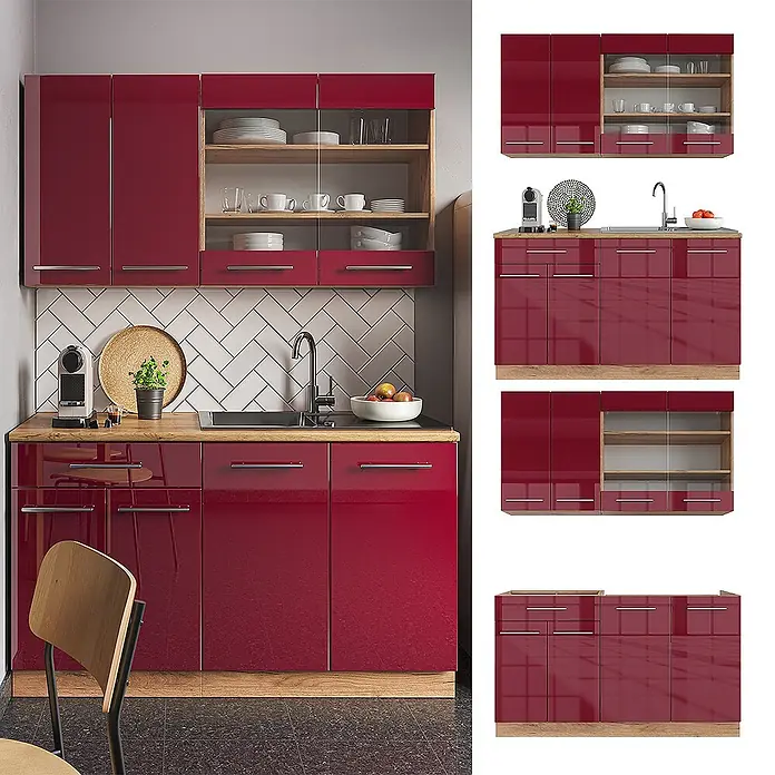 Vicco Singleküche Fame-Line Bordeaux Hochglanz/Goldkraft Eiche ohne Arbeitsplatte - Bordeaux Hochglanz, Ohne AP - Modulare Küchenzeile mit hochglänzenden roten Schränken und heller Holzplatte, im modernen Küchendesign.