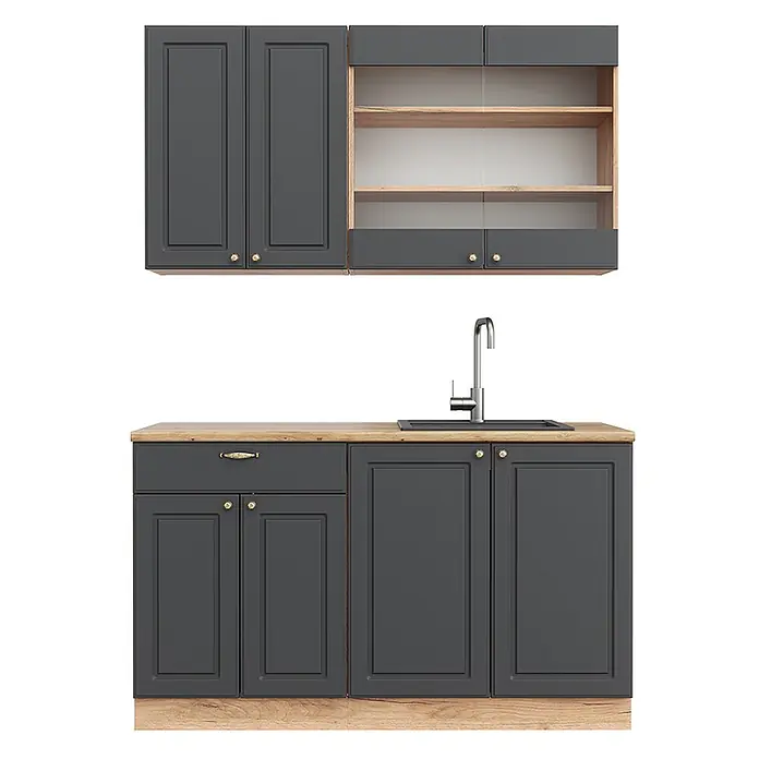 Vicco Singleküche Fame-Line Anthrazit Landhaus/Goldkraft Eiche ohne Arbeitsplatte - Breite: 140 cm, Anthrazit-Gold Landhaus, Ohne AP - Dunkelgraue Küchenschrankgarnitur mit Holz-Arbeitsplatten und -Regalen, Ober- und Unterschränke mit Spüle und Messinggriffen.