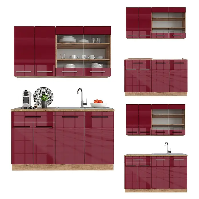 Vicco Singleküche Fame-Line Bordeaux Hochglanz/Goldkraft Eiche ohne Arbeitsplatte - Bordeaux Hochglanz, Ohne AP - Glänzende burgunderrote Modulküche mit hellem Holzdekor, Ober- und Unterschränken (teils Glas), Spüle.