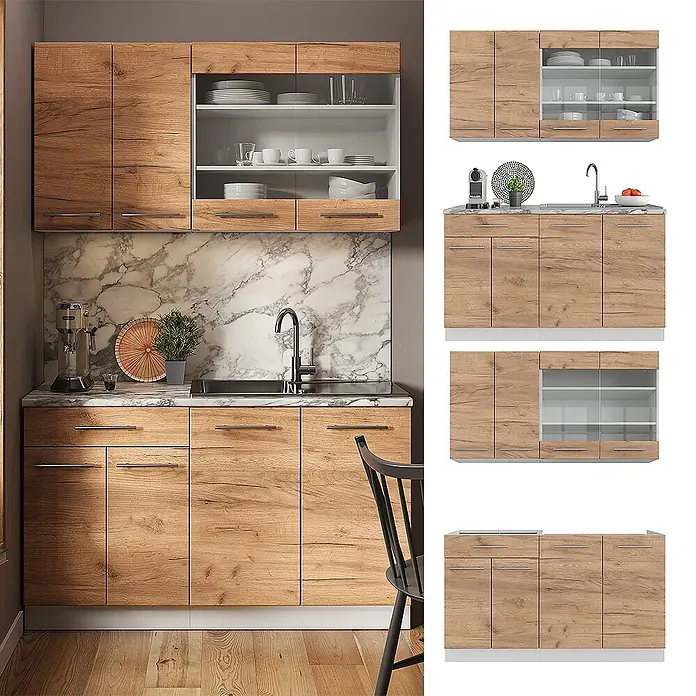 Vicco Singleküche Fame-Line Goldkraft Eiche/Weiß, AP Anthrazit - Goldkraft Eiche, Mit AP Anthrazit - Moderne Küchenzeile aus hellem Holz in Eichenoptik, mit Vitrinenschränken oben und Spülunterschrank.