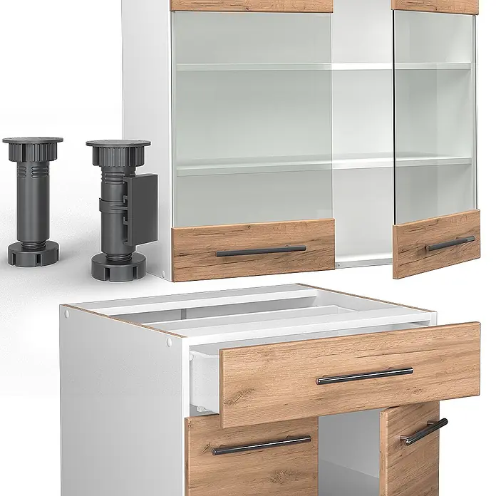 Vicco Singleküche Fame-Line Goldkraft Eiche/Weiß, AP Anthrazit - Goldkraft Eiche, Mit AP Anthrazit - Weiße und holzfarbene modulare Küchenschränke mit Glastüren, Schubladen und verstellbaren Füßen.