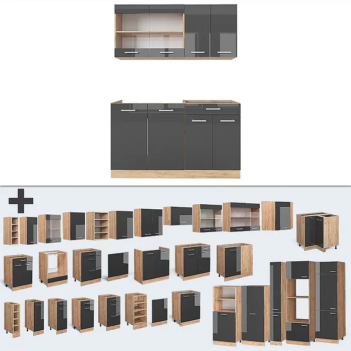 Vicco Singleküche R-Line Anthrazit Hochglanz/Goldkraft Eiche ohne Arbeitsplatte - Anthrazit Hochglanz, Ohne AP - Moderne Küchenschränke mit dunkelgrauen Hochglanzfronten und hellen Holzoptikrahmen, als Sets und Einzelmodule gezeigt.