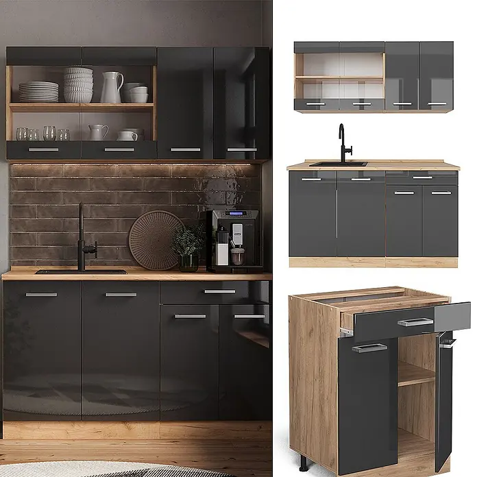 Vicco Singleküche R-Line Anthrazit Hochglanz/Goldkraft Eiche ohne Arbeitsplatte - Anthrazit Hochglanz, Ohne AP - Dunkelgraue Hochglanz-Modulküchenschränke mit hellen Holz-Arbeitsplatten und offenen Regalen, gezeigt in einer Küche und als Einzelteile.