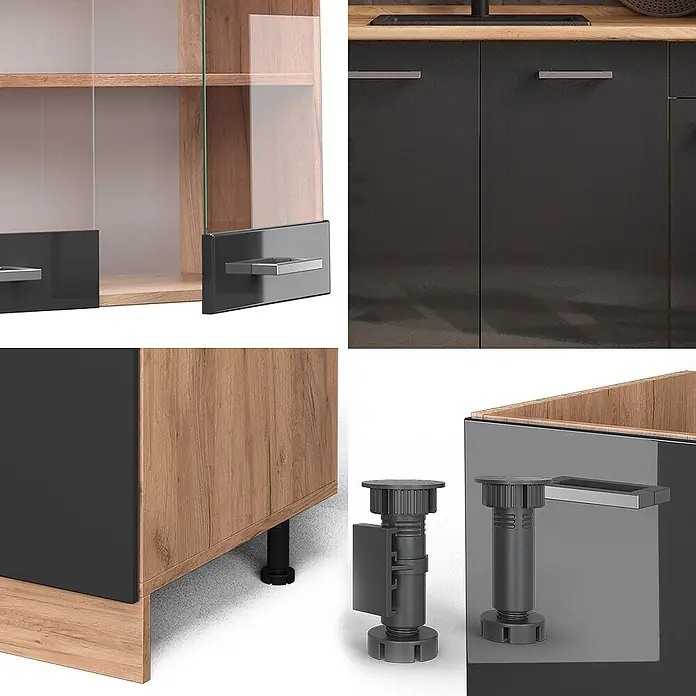Vicco Singleküche R-Line Anthrazit Hochglanz/Goldkraft Eiche ohne Arbeitsplatte - Anthrazit Hochglanz, Ohne AP - Modernes Modulmöbel mit dunkelgrauen und Holzdekor-Platten, Glastüren, Metallgriffen und verstellbaren Füßen.