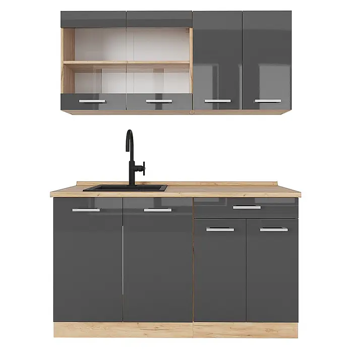 Vicco Singleküche R-Line Anthrazit Hochglanz/Goldkraft Eiche ohne Arbeitsplatte - Anthrazit Hochglanz, Ohne AP - Hochglanz-Küchenschränke in Dunkelgrau mit hellen Holzdetails, schwarzer Spüle und Wasserhahn.