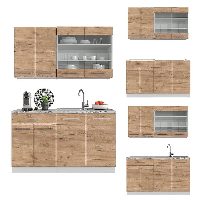 Vicco Singleküche Fame-Line Goldkraft Eiche/Weiß, AP Anthrazit - Goldkraft Eiche, Mit AP Anthrazit - Modulare Küchenschränke in heller Holzoptik mit Marmor-Arbeitsplatten und teilweise Glasfronten.