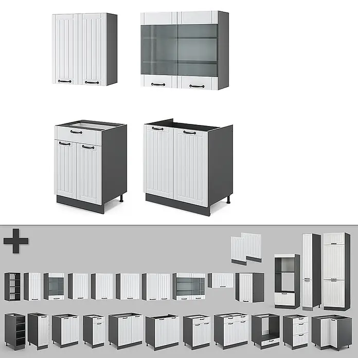 Vicco Singleküche Fame-Line Weiß Landhaus/Anthrazit ohne Arbeitsplatte - Weiß Landhaus, Ohne AP - Modulares Küchenschrank-Set in Weiß und Dunkelgrau, mit verschiedenen Ober-, Unter- und Hochschränken mit gerillten und Glastüren.