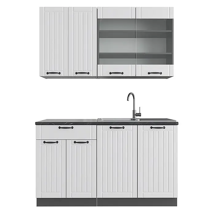 Vicco Singleküche Fame-Line Weiß Landhaus/Anthrazit ohne Arbeitsplatte - Weiß Landhaus, Ohne AP - Weiße Küchenzeile mit gerillten Türen, schwarzen Griffen, schwarzer Marmor-Arbeitsplatte und Spüle mit Wasserhahn. Mit Glas-Oberschränken.