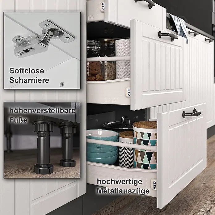 Vicco Singleküche Fame-Line Weiß Landhaus/Anthrazit ohne Arbeitsplatte - Weiß Landhaus, Ohne AP - Weißer Küchenschrank mit Softclose-Scharnieren, höhenverstellbaren Füßen und hochwertigen Metallauszügen.
