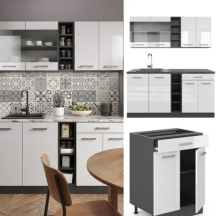 Vicco Singleküche R-Line Weiß Hochglanz/Anthrazit, AP Eiche - Breite: 160 cm, Weiß Hochglanz, Mit AP Eiche - Modulare Küche mit hochglänzenden weißen Türen, dunkelgrauen Rahmen und Arbeitsplatten, als ganze Küche und Einzelmodule dargestellt.