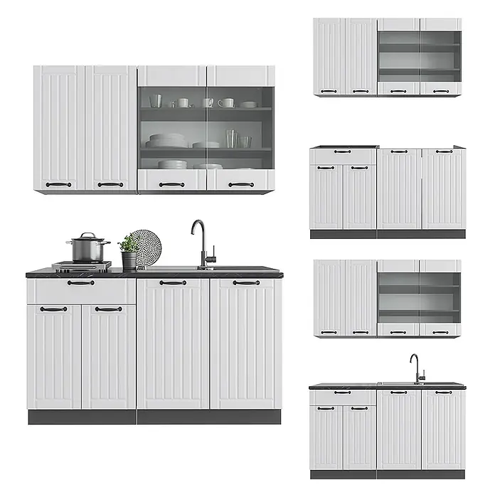 Vicco Singleküche Fame-Line Weiß Landhaus/Anthrazit ohne Arbeitsplatte - Weiß Landhaus, Ohne AP - Modulares weißes Küchenschrank-Set mit schwarzen Griffen und schwarzer Arbeitsplatte, inkl. Spüle und Oberschränken mit Glastüren.