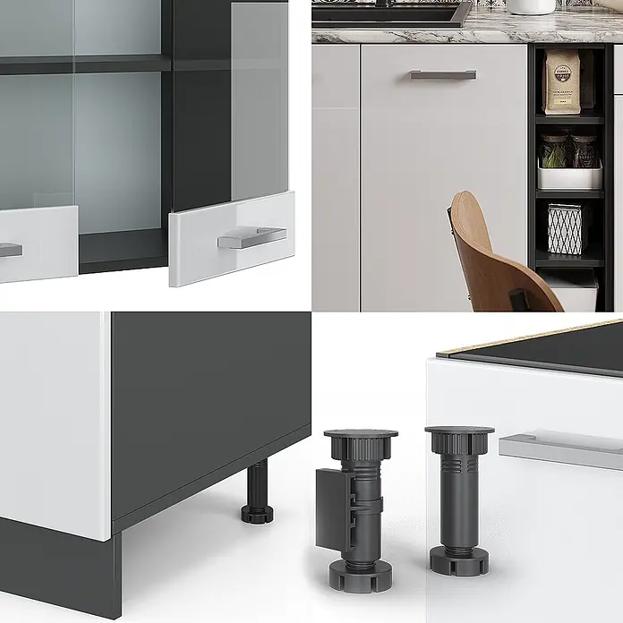 Vicco Singleküche R-Line Weiß Hochglanz/Anthrazit, AP Eiche - Breite: 160 cm, Weiß Hochglanz, Mit AP Eiche - Modulares Küchenschranksystem mit glänzend weißen und dunkelgrauen Paneelen, Glastüren, silbernen Griffen sowie schwarzen verstellbaren Füßen und Sockeln.