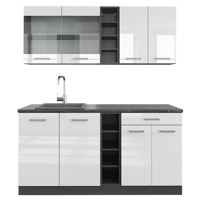 Vicco Singleküche R-Line Weiß Hochglanz/Anthrazit, AP Anthrazit - Breite: 160 cm, Weiß Hochglanz, Mit AP Anthrazit - Moderne weiße und dunkelgraue Küchenschränke mit Hochglanztüren, Milchglas, offenen Regalen, dunkler Marmorarbeitsplatte und Spüle mit Armatur.