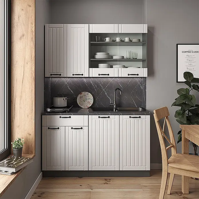 Vicco Singleküche Fame-Line Weiß Landhaus/Anthrazit ohne Arbeitsplatte - Weiß Landhaus, Ohne AP - Weißes Küchenschrank-Set mit schwarzen Griffen, dunkler Marmorrückwand und Arbeitsplatte, inkl. Ober- und Unterschränken mit Spüle und Kochfeld.