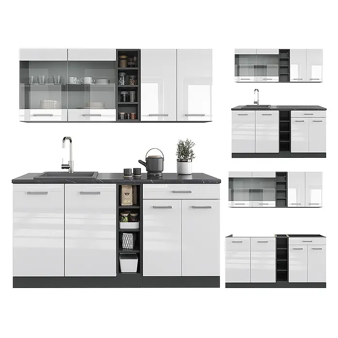 Vicco Singleküche R-Line Weiß Hochglanz/Anthrazit, AP Eiche - Breite: 160 cm, Weiß Hochglanz, Mit AP Eiche - Moderne modulare Küche in Hochglanzweiß mit dunkelgrauen Arbeitsplatten und offenen Regalen. Mit Ober- und Unterschränken, teils mit Glasfronten.