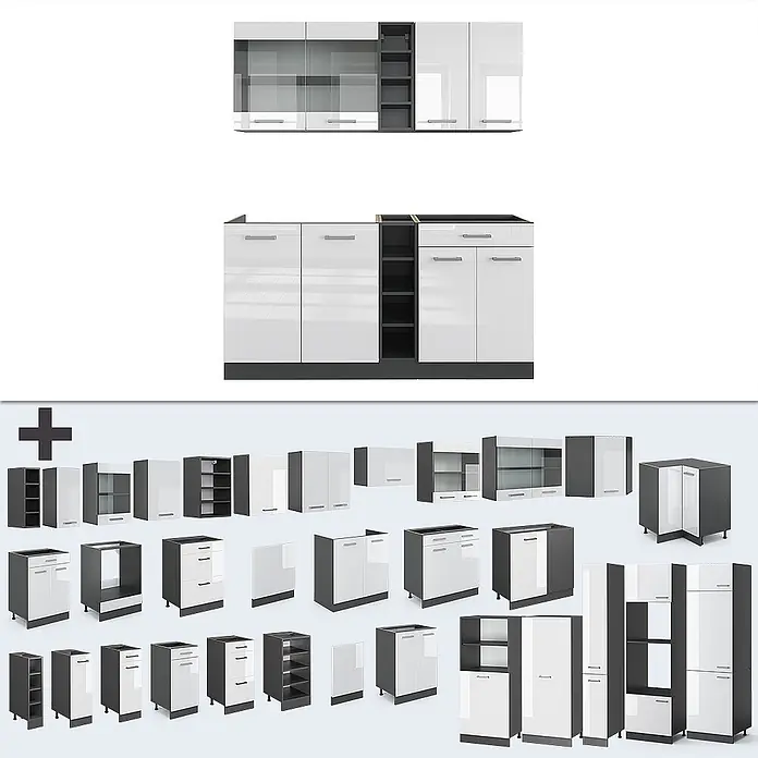 Vicco Singleküche R-Line Weiß Hochglanz/Anthrazit, AP Eiche - Breite: 160 cm, Weiß Hochglanz, Mit AP Eiche - Modulares Küchenschranksystem mit weißen Hochglanzfronten, dunkelgrauem Korpus und teils Milchglastüren.