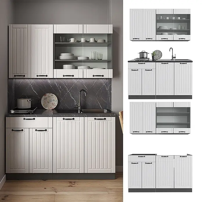 Vicco Singleküche Fame-Line Weiß Landhaus/Anthrazit ohne Arbeitsplatte - Weiß Landhaus, Ohne AP - Weiße Küchenschränke mit schwarzen Griffen, dunklen Arbeitsplatten und einigen Glas-Oberschränken, als komplette Küche arrangiert.