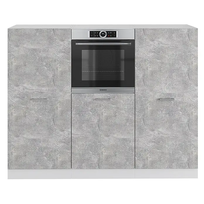 Vicco Küchenleerblock R-Line Beton/Weiß ohne Arbeitsplatte - Breite: 180 cm, Beton - Graue Küchenschränke in Betonoptik mit integriertem Bosch Backofen und silbernen Griffen.