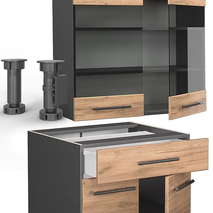 Vicco Singleküche Fame-Line Goldkraft Eiche/Anthrazit, AP Marmor - Breite: 140 cm, Goldkraft Eiche, Mit AP Marmor - Modulare Küchenschrankelemente: dunkelgraue Schränke mit Holzschubladenfronten, Glastüren, Metallgriffen und verstellbaren Füßen.