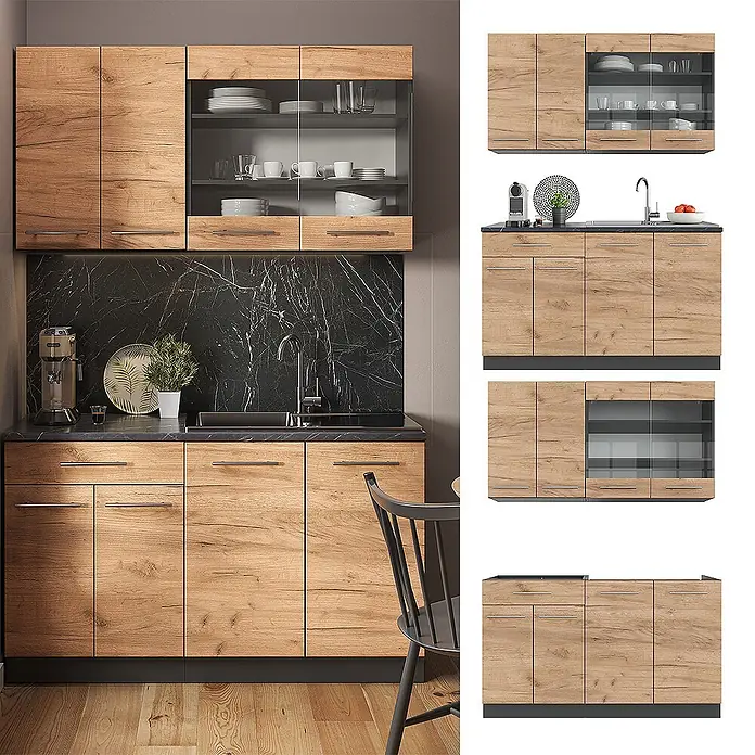 Vicco Singleküche Fame-Line Goldkraft Eiche/Anthrazit, AP Marmor - Breite: 140 cm, Goldkraft Eiche, Mit AP Marmor - Modernes Küchenschrank-Set in heller Holzoptik, schwarzer Arbeitsplatte und Glasvitrine. Inklusive Ober- und Unterschränken.