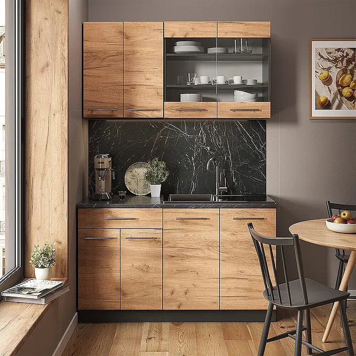 Vicco Singleküche Fame-Line Goldkraft Eiche/Anthrazit, AP Marmor - Breite: 140 cm, Goldkraft Eiche, Mit AP Marmor - Moderne Küchenzeile mit hellen Holzschränken und schwarzer Marmor-Rückwand, mit viel Stauraum und Spüle.
