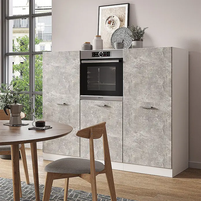 Vicco Küchenleerblock R-Line Beton/Weiß ohne Arbeitsplatte - Breite: 180 cm, Beton - Graue Küchenzeile in Betonoptik mit integriertem Backofen, präsentiert in einer modernen Küche.