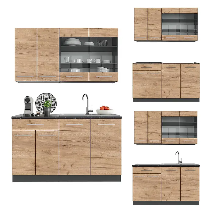 Vicco Singleküche Fame-Line Goldkraft Eiche/Anthrazit, AP Marmor - Breite: 140 cm, Goldkraft Eiche, Mit AP Marmor - Moderne modulare Küche in heller Holzoptik mit dunklen Arbeitsplatten und Glastüren.