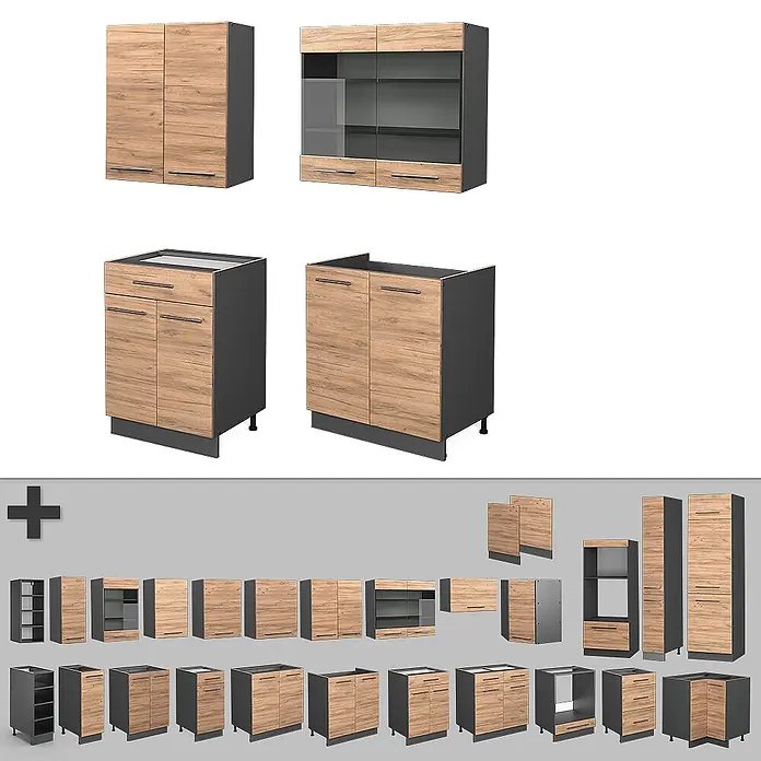 Vicco Singleküche Fame-Line Goldkraft Eiche/Anthrazit, AP Marmor - Breite: 140 cm, Goldkraft Eiche, Mit AP Marmor - Modulare Küchenschränke mit hellen Holzmaserungsfronten und dunkelgrauen Korpi, inklusive Ober-, Unter- und Hochschränken.