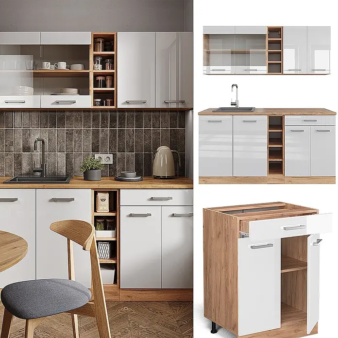 Vicco Singleküche R-Line Weiß Hochglanz/Goldkraft Eiche, AP Anthrazit - Breite: 160 cm, Weiß Hochglanz, Mit AP Anthrazit - Modernes Küchenschrank-Set mit weißen Hochglanzfronten und Holzdetails, inklusive Stauraum und Spülenunterschrank.