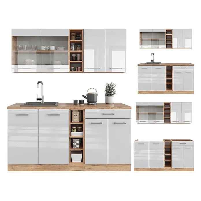 Vicco Singleküche R-Line Weiß Hochglanz/Goldkraft Eiche, AP Anthrazit - Breite: 160 cm, Weiß Hochglanz, Mit AP Anthrazit - Modulares Küchenset mit weißen Hochglanzschränken und hellen Holzdetails, mit Stauraum und Spülbecken.