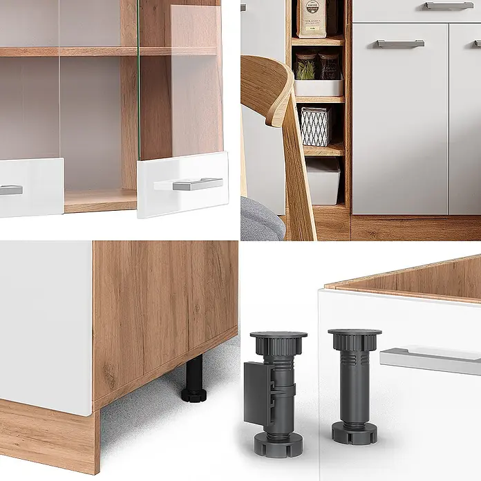 Vicco Singleküche R-Line Weiß Hochglanz/Goldkraft Eiche, AP Anthrazit - Breite: 160 cm, Weiß Hochglanz, Mit AP Anthrazit - Modulares Schrank-System in Weiß und heller Holzoptik mit Glastüren, Griffen und schwarzen Justierfüßen.