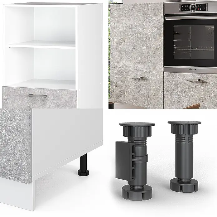 Vicco Küchenleerblock R-Line Beton/Weiß ohne Arbeitsplatte - Breite: 180 cm, Beton - Zwei verstellbare dunkelgraue Kunststoff-Möbelfüße, einer mit Seitenbefestigung. Geeignet für Küchenunterschränke.