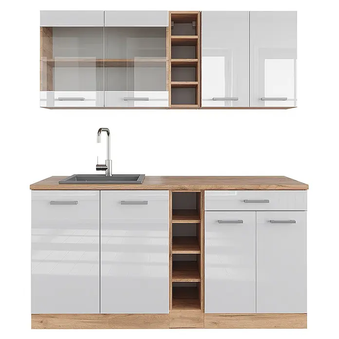 Vicco Singleküche R-Line Weiß Hochglanz/Goldkraft Eiche, AP Eiche - Breite: 160 cm, Weiß Hochglanz, Mit AP Eiche - Weiße Hochglanz-Küchenzeile mit Holzoptik-Arbeitsplatte, Spüle, Armatur und offenen Regalen.
