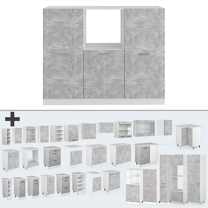Vicco Küchenleerblock R-Line Beton/Weiß ohne Arbeitsplatte - Breite: 180 cm, Beton - Modulares Küchenschranksystem in grauer Marmoroptik mit weißen Rahmen, verschiedene Ober-, Unter- und Hochschränke.
