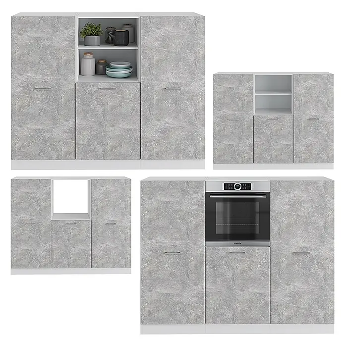 Vicco Küchenleerblock R-Line Beton/Weiß ohne Arbeitsplatte - Breite: 180 cm, Beton - Modulare Küchenschränke in Betonoptik Grau mit weißen Details. Konfigurationen mit Regalen, Ofen und offener Nische.