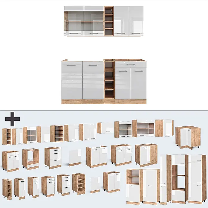 Vicco Singleküche R-Line Weiß Hochglanz/Goldkraft Eiche, AP Anthrazit - Breite: 160 cm, Weiß Hochglanz, Mit AP Anthrazit - Modulares Küchenschrank-Set: glänzend weiße Fronten, helle Holzoptik-Rahmen, Sockel und Regale.