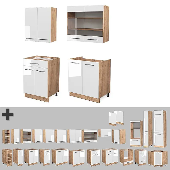 Vicco Singleküche Fame-Line, Weiß Hochglanz/Goldkraft Eiche, 140 cm -  - Modulare Küchenschränke mit weißen Hochglanzfronten und hellen Holzrahmen, verschiedene Wand- und Unterschränke.