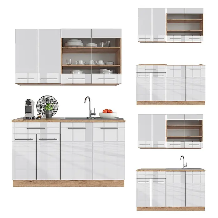 Vicco Singleküche Fame-Line, Weiß Hochglanz/Goldkraft Eiche, 140 cm -  - Modulare Küchenzeile mit hochglänzenden weißen Schränken, Arbeitsplatte, Sockel und offenen Regalen in Holzoptik. Inklusive Spüle und Armatur.