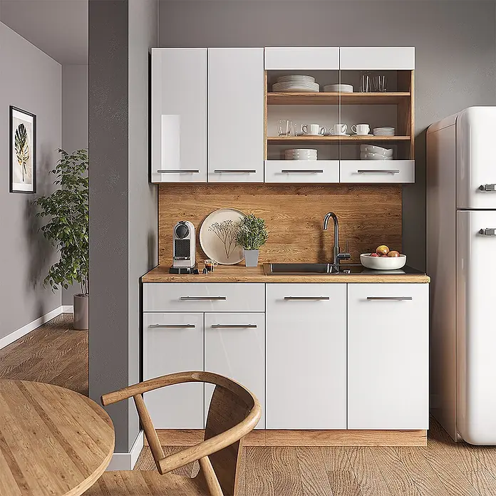 Vicco Singleküche Fame-Line, Weiß Hochglanz/Goldkraft Eiche, 140 cm -  - Moderne weiße Küchenzeile mit Holz-Arbeitsplatte und -Rückwand, inklusive Schränken, Spüle und integriertem Stauraum, ideal für kleine Räume.
