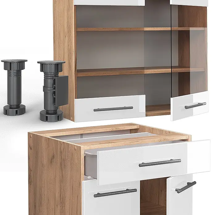 Vicco Singleküche Fame-Line, Weiß Hochglanz/Goldkraft Eiche, 140 cm -  - Modulares Schranksystem mit heller Holzoptik, glänzenden weißen Fronten, Glastüren, dunklen Griffen und verstellbaren grauen Kunststofffüßen. Zeigt offene Schubladen.