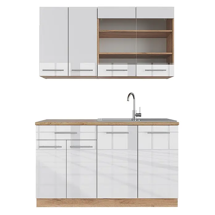 Vicco Singleküche Fame-Line, Weiß Hochglanz/Goldkraft Eiche, 140 cm -  - Weiße Hochglanz-Küchenzeile mit hellen Holzdetails, silbernen Griffen, integrierter Spüle und Wasserhahn.
